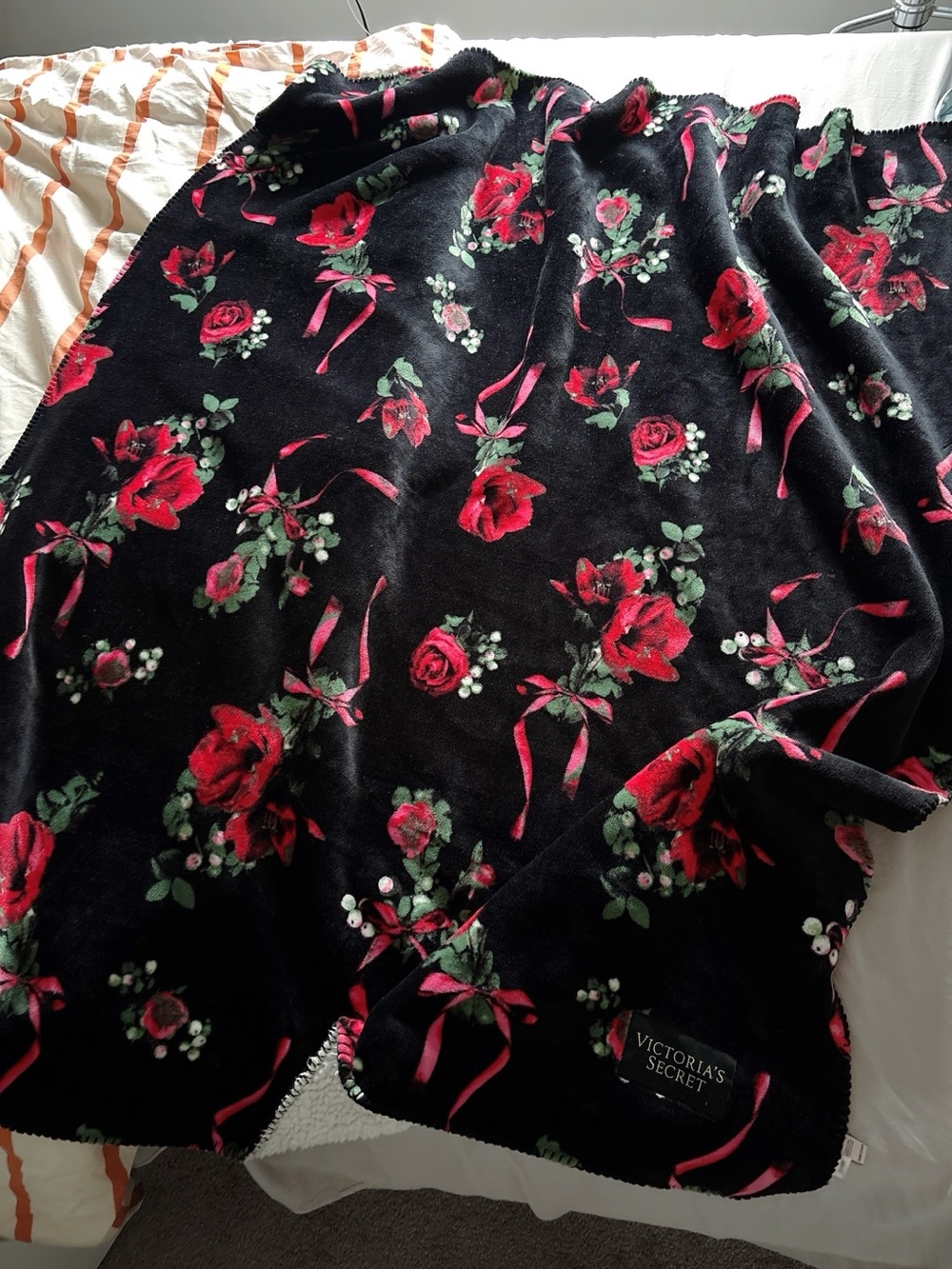 Victoria's Secret Black Blanket with Red Rose Print